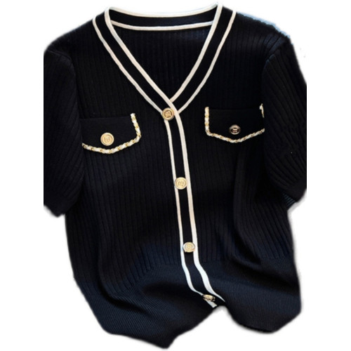 清倉撿漏~專櫃撤廻夏季小香風v領短袖針織衫女減齡撞色上衣潮