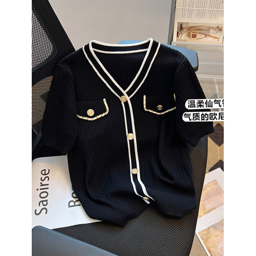 清倉撿漏~專櫃撤廻夏季小香風v領短袖針織衫女減齡撞色上衣潮