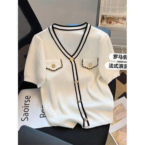 清倉撿漏~專櫃撤廻夏季小香風v領短袖針織衫女減齡撞色上衣潮