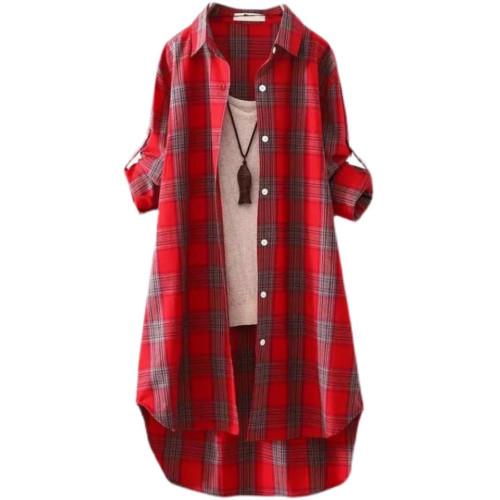 格子襯衫女設計感小衆棉麻襯衣薄外套中長款春秋裝防曬衫上衣