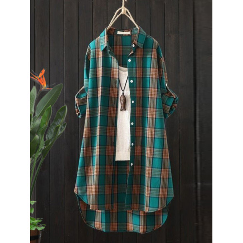 格子襯衫女設計感小衆棉麻襯衣薄外套中長款春秋裝防曬衫上衣