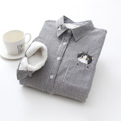 加絨加厚女長袖襯衫秋冬羊羔絨少女初中條紋保暖襯衣打底上衣學生