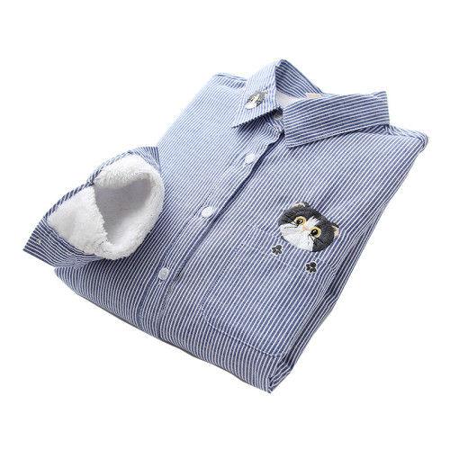 加絨加厚女長袖襯衫秋冬羊羔絨少女初中條紋保暖襯衣打底上衣學生