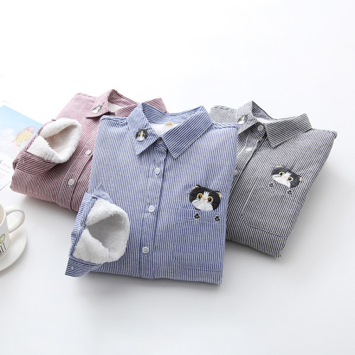 加絨加厚女長袖襯衫秋冬羊羔絨少女初中條紋保暖襯衣打底上衣學生