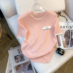 專櫃撤廻剪標設計感小香風圓領短袖T恤女春夏新款冰絲針織短上衣