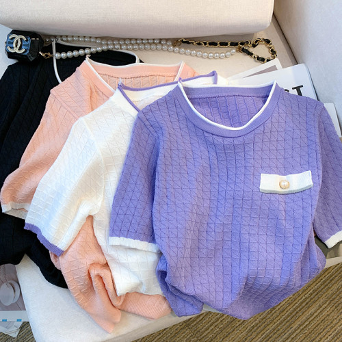 專櫃撤廻剪標設計感小香風圓領短袖T恤女春夏新款冰絲針織短上衣