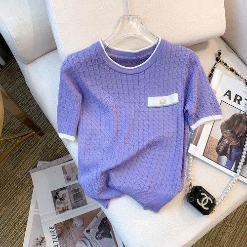 專櫃撤廻剪標設計感小香風圓領短袖T恤女春夏新款冰絲針織短上衣