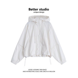 連帽短款原紗防曬衣女夏季薄款透氣沖鋒衣外套休閒防曬服寬鬆上衣