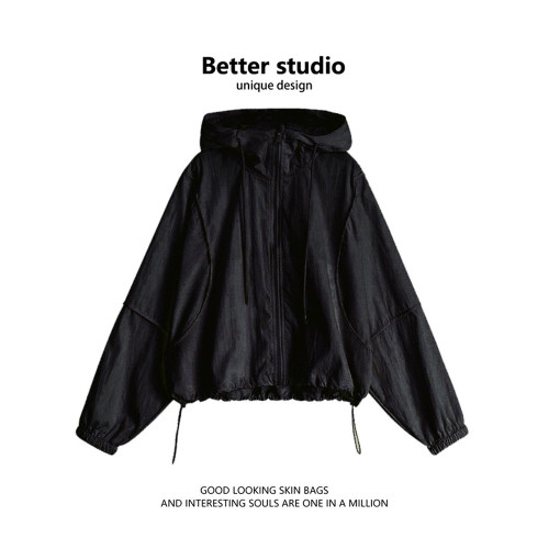 連帽短款原紗防曬衣女夏季薄款透氣沖鋒衣外套休閒防曬服寬鬆上衣