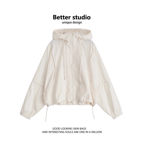 連帽短款原紗防曬衣女夏季薄款透氣沖鋒衣外套休閒防曬服寬鬆上衣