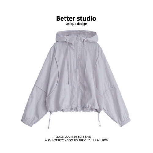 連帽短款原紗防曬衣女夏季薄款透氣沖鋒衣外套休閒防曬服寬鬆上衣