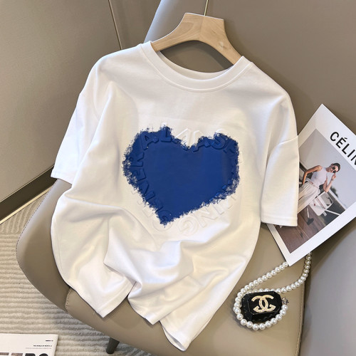 愛心T恤女2025春季新品純棉寬鬆潮牌撞色圓領立體字母短袖打底潮