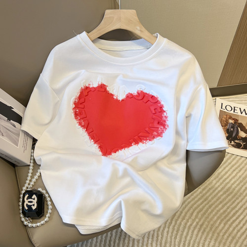 愛心T恤女2025春季新品純棉寬鬆潮牌撞色圓領立體字母短袖打底潮