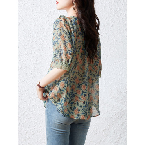 九月陌墨V領碎花雪紡襯衫女夏季短袖2025新款寬鬆大碼設計感上衣