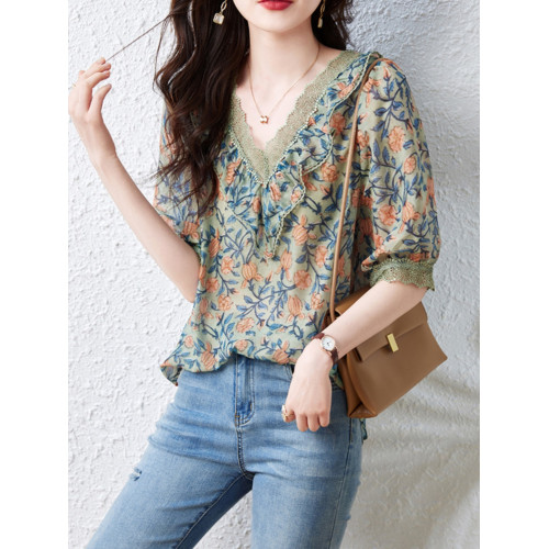 九月陌墨V領碎花雪紡襯衫女夏季短袖2025新款寬鬆大碼設計感上衣