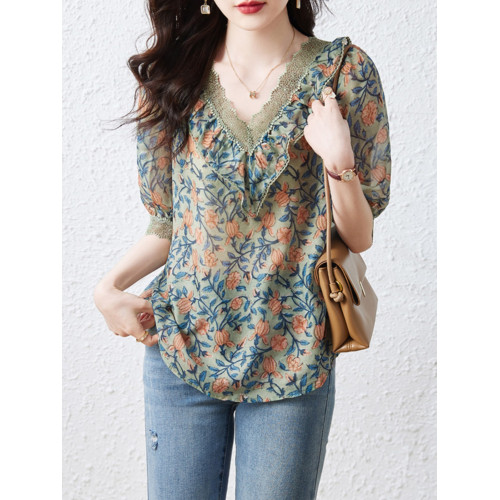 九月陌墨V領碎花雪紡襯衫女夏季短袖2025新款寬鬆大碼設計感上衣