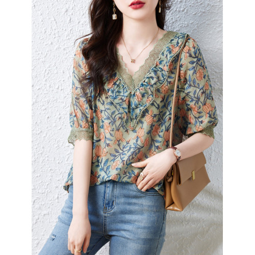 九月陌墨V領碎花雪紡襯衫女夏季短袖2025新款寬鬆大碼設計感上衣