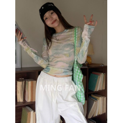 G2026春夏季新款女裝小衆暈染圓領薄款修身長袖防曬上衣短款上衣