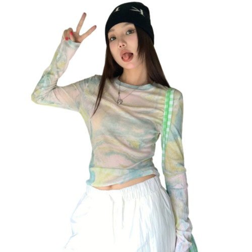 G2026春夏季新款女裝小衆暈染圓領薄款修身長袖防曬上衣短款上衣