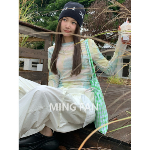 G2026春夏季新款女裝小衆暈染圓領薄款修身長袖防曬上衣短款上衣