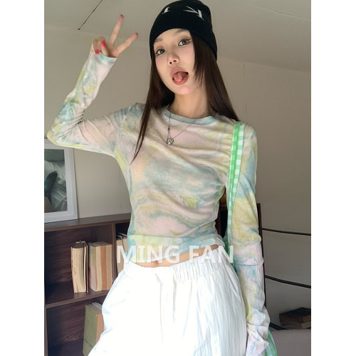 G2026春夏季新款女裝小衆暈染圓領薄款修身長袖防曬上衣短款上衣