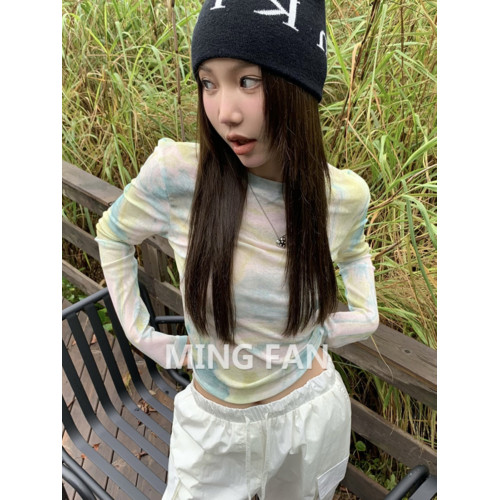 G2026春夏季新款女裝小衆暈染圓領薄款修身長袖防曬上衣短款上衣