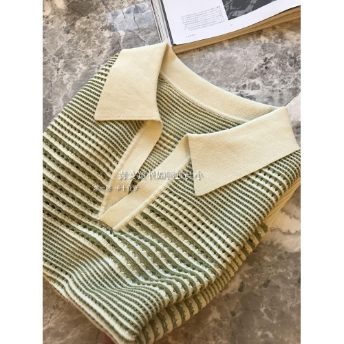 清新顯白，品質推薦！！！法式超細有機棉鏤空提花polo領針織衫女