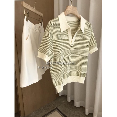 清新顯白，品質推薦！！！法式超細有機棉鏤空提花polo領針織衫女