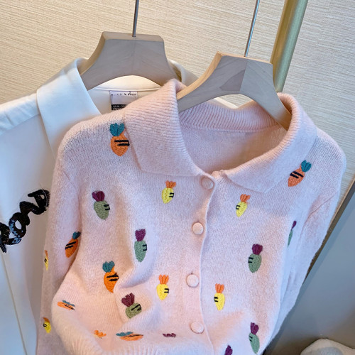 大牌買手店！卡通刺綉繙領針織衫女春季2025新款復古時髦甜美開衫