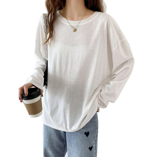 純色防曬衫女長袖薄款t恤2021新款寬鬆百搭打底顯瘦韓版chic上衣