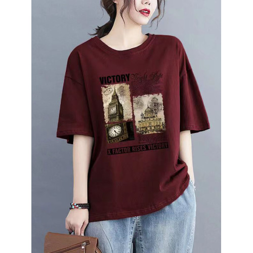 一線大牌撿漏全棉夏裝酒紅色短袖t恤女韓版印花百搭半袖上衣