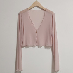 性感半透明夏季長袖冰絲網紗外披上衣小外套短款薄V領開衫空調衫