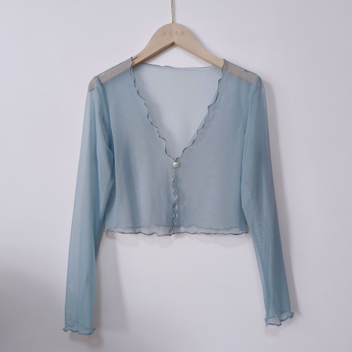 性感半透明夏季長袖冰絲網紗外披上衣小外套短款薄V領開衫空調衫