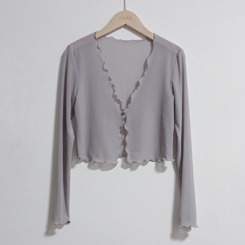 性感半透明夏季長袖冰絲網紗外披上衣小外套短款薄V領開衫空調衫