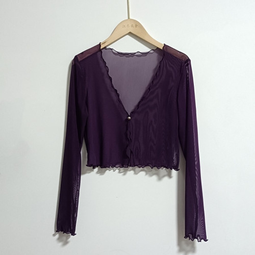 性感半透明夏季長袖冰絲網紗外披上衣小外套短款薄V領開衫空調衫