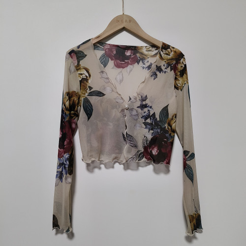 性感半透明夏季長袖冰絲網紗外披上衣小外套短款薄V領開衫空調衫