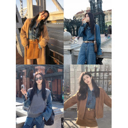 MULVAN港風復古藍色牛仔襯衫女新款寬鬆休閒內搭曡穿長袖上衣