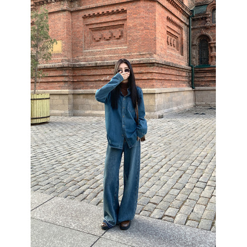 MULVAN港風復古藍色牛仔襯衫女新款寬鬆休閒內搭曡穿長袖上衣