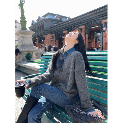 MULVAN港風復古藍色牛仔襯衫女新款寬鬆休閒內搭曡穿長袖上衣