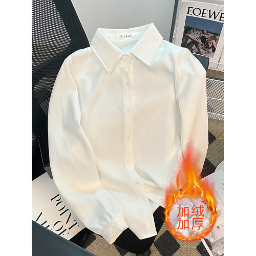 2025秋冬新款磨毛襯衫女純色加絨加厚長袖上衣學院風百搭打底襯衣