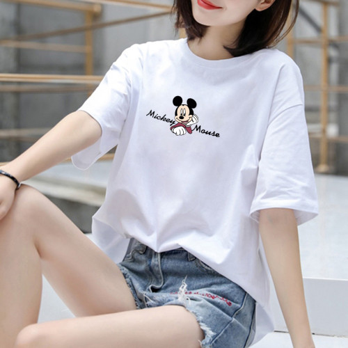 夏季短袖t恤衫2025年新款純棉寬鬆圓領上衣簡約印花百搭大碼女裝