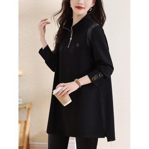 九月陌墨立領釘釦上衣2024年早春新款百搭休閒T恤歐貨中長款女裝