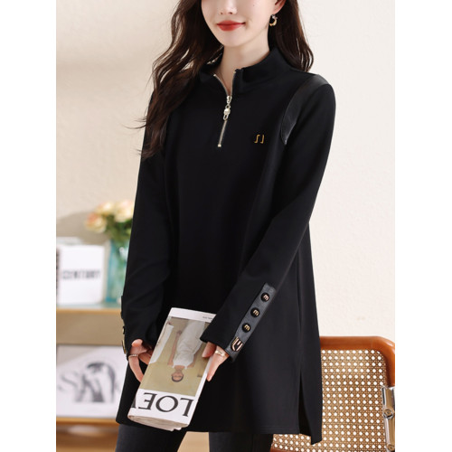 九月陌墨立領釘釦上衣2024年早春新款百搭休閒T恤歐貨中長款女裝