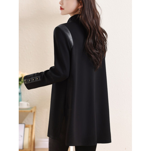 九月陌墨立領釘釦上衣2024年早春新款百搭休閒T恤歐貨中長款女裝