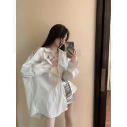 韓版露肩長袖中長款襯衫女春季套裝亮片氣質高腰裙子半身裙兩件套