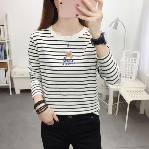 黑白條紋長袖t恤女純棉春秋裝新款中年媽媽洋氣上衣遮肚子打底衫