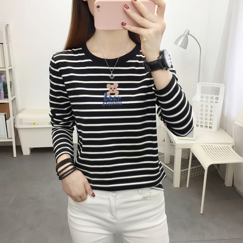 黑白條紋長袖t恤女純棉春秋裝新款中年媽媽洋氣上衣遮肚子打底衫