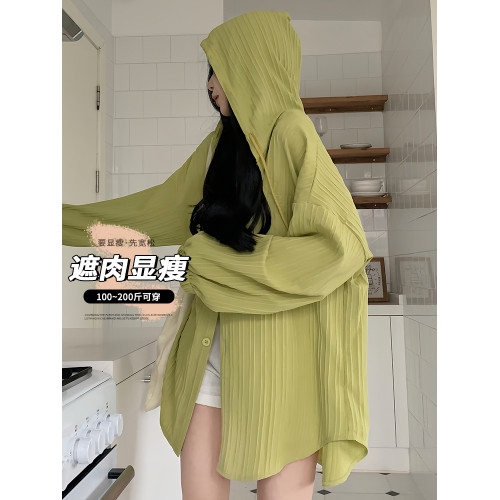大碼簡約防曬衣女夏季胖mm寬鬆顯瘦長袖薄上衣開衫連帽外套防曬服