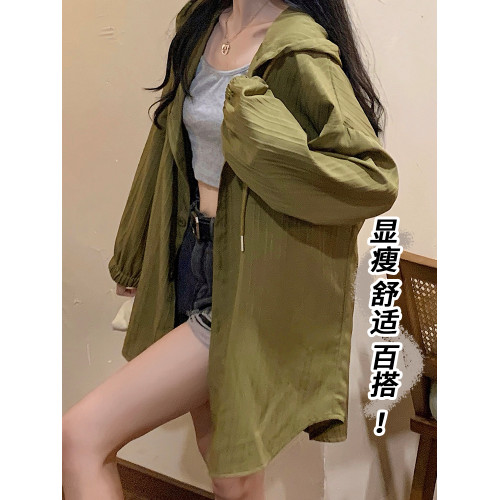大碼簡約防曬衣女夏季胖mm寬鬆顯瘦長袖薄上衣開衫連帽外套防曬服