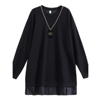 九月陌墨2025春秋新款拼接歐根紗荷葉邊純色中長款衛衣顯瘦上衣女